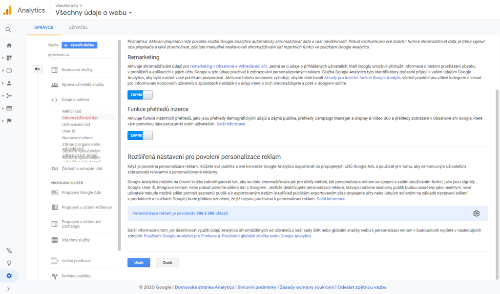Aktivace remarketingu a funkcí přehledů inzerce v Google Analytics