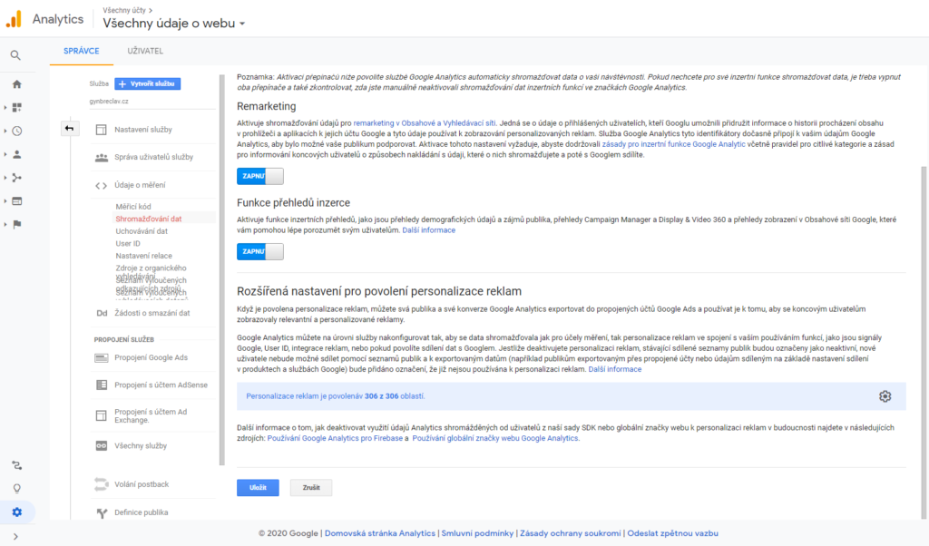 Aktivace remarketingu a funkce přehledů inzerce v Google Analytics